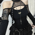 Schwarzes Top mit Fishnet und Patchwork