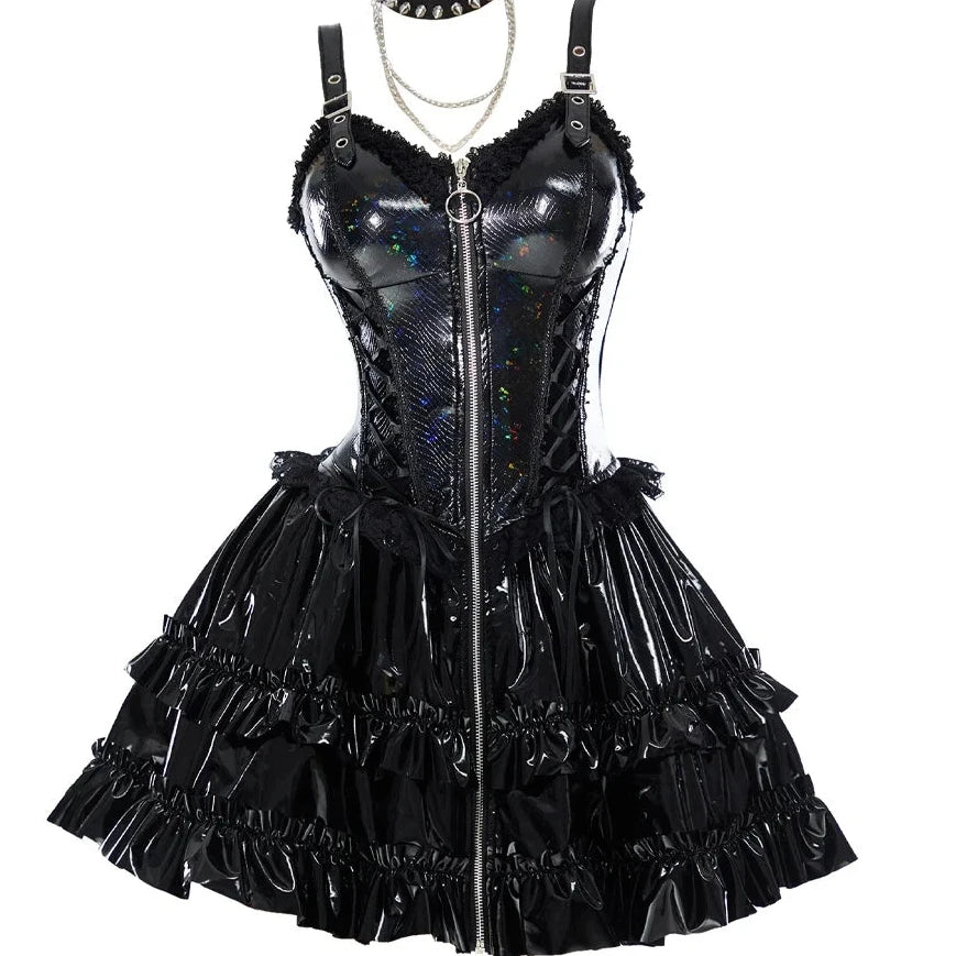 Schwarzes Gothic Kleid in Lederoptik mit Front Reissverschluss