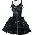 Schwarzes Gothic Kleid in Lederoptik mit Front Reissverschluss