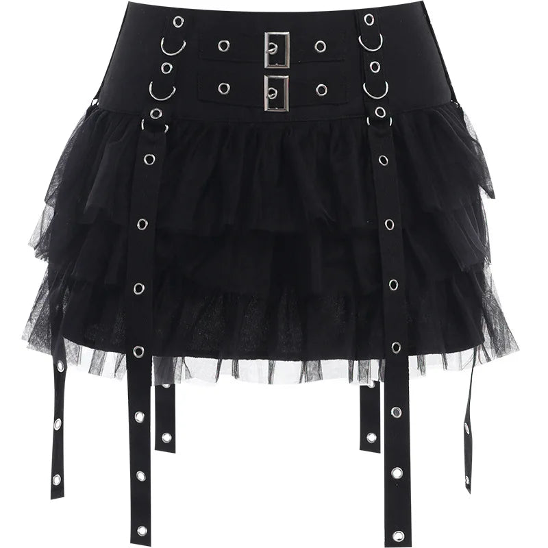 Schwarzer Falten-Minirock Damen – High Waist Punk Gothic Rock mit Kette