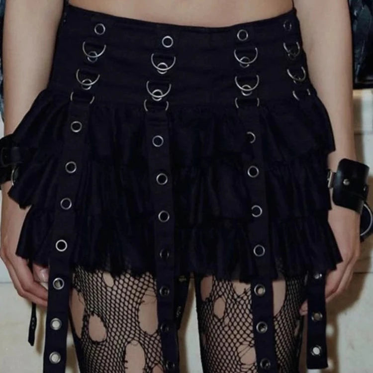 Schwarzer Falten-Minirock Damen – High Waist Punk Gothic Rock mit Kette