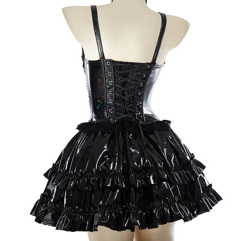 Schwarzes Gothic Kleid in Lederoptik mit Front Reissverschluss